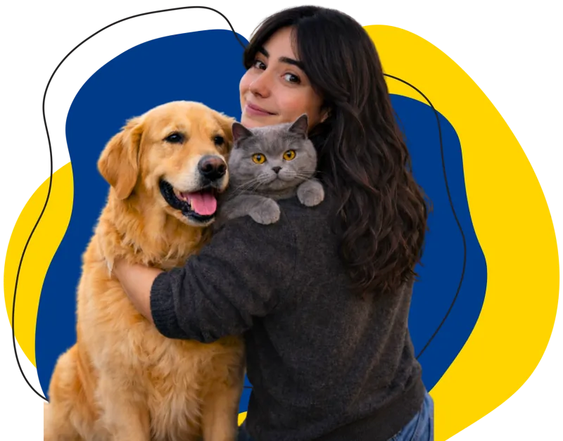 Una tutora abraça el seu golden retriever i el seu gat sobre les formes blava i groga de PataLimpia